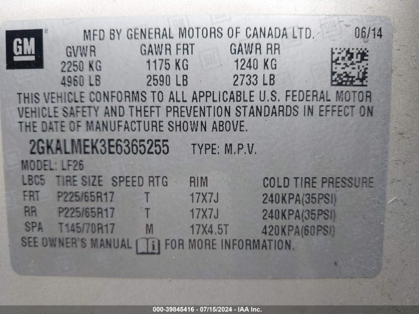 2014 GMC Terrain Sle-1 VIN: 2GKALMEK3E6365255 Lot: 39845416