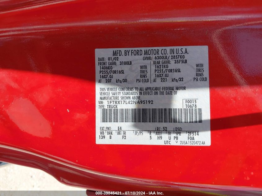2002 Ford F-150 Lariat/Xl/Xlt VIN: 1FTRX17L42NA95192 Lot: 39845421