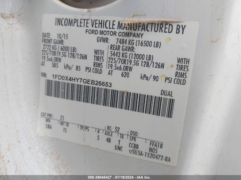 2016 Ford F450 Super Duty VIN: 1FD0X4HY7GEB26653 Lot: 39845427