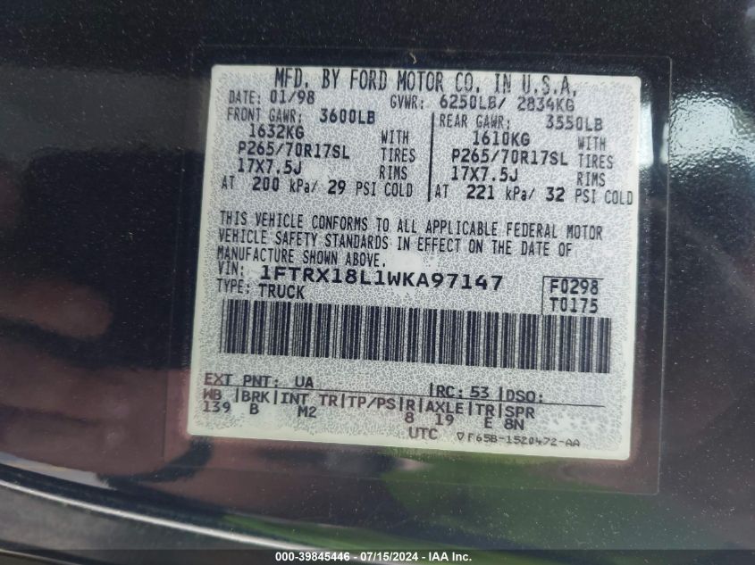 1998 Ford F-150 Lariat/Standard/Xl/Xlt VIN: 1FTRX18L1WKA97147 Lot: 39845446
