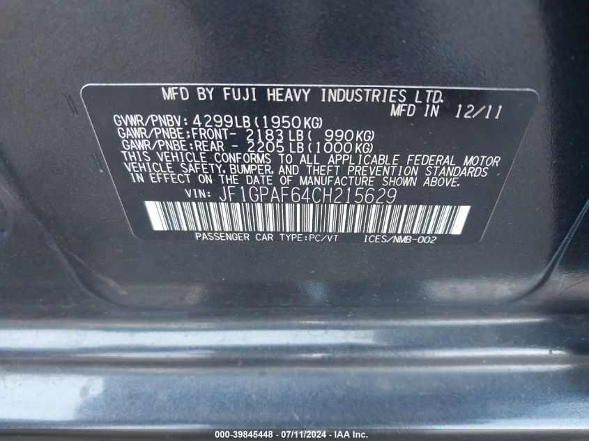 2012 Subaru Impreza 2.0I Premium VIN: JF1GPAF64CH215629 Lot: 39845448