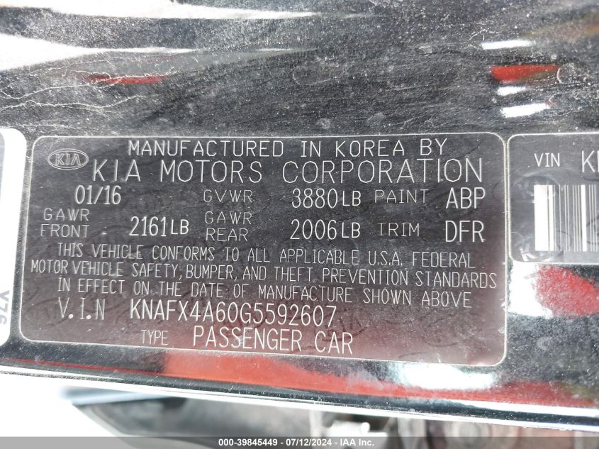 2016 Kia Forte Lx VIN: KNAFX4A60G5592607 Lot: 39845449