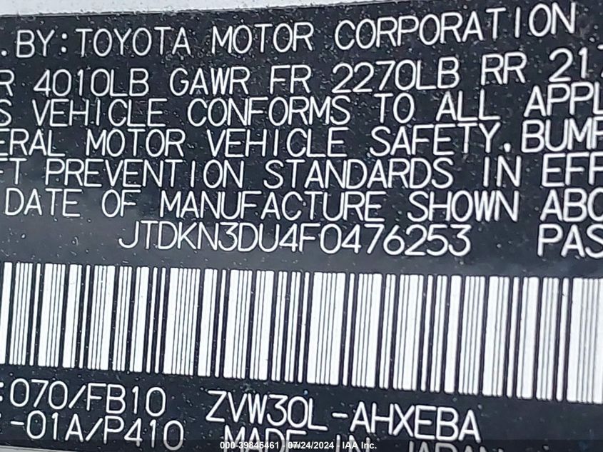 2015 Toyota Prius Two VIN: JTDKN3DU4F0476253 Lot: 39845461