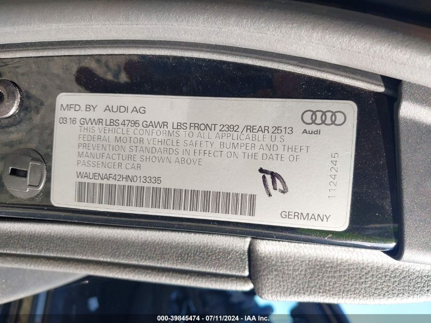 WAUENAF42HN013335 2017 Audi A4 2.0T Premium