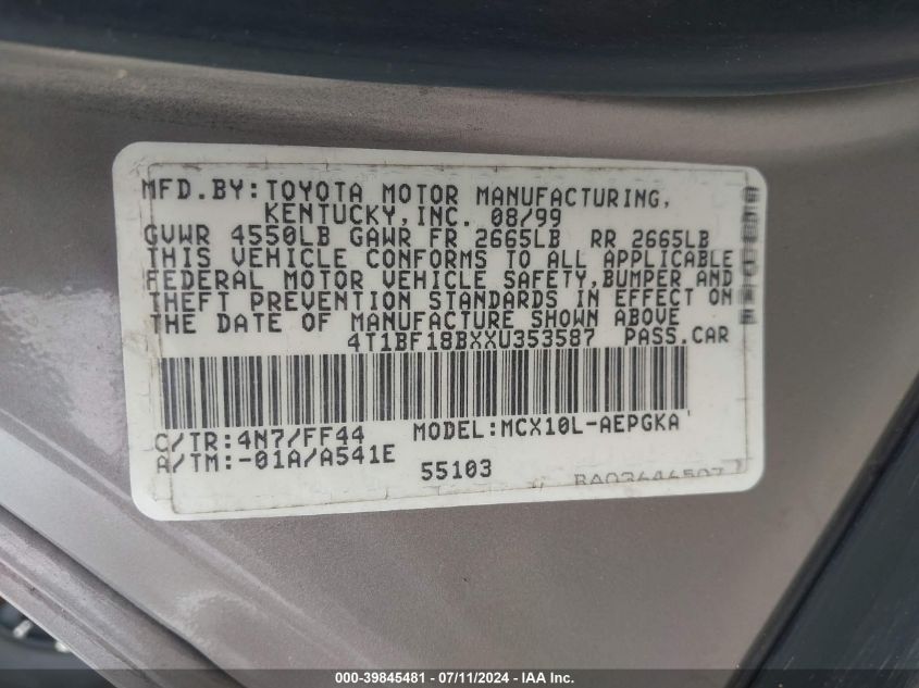 1999 Toyota Avalon Xl VIN: 4T1BF18B1XU291061 Lot: 39845481