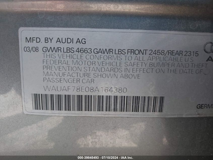 2008 Audi A4 2.0T/2.0T Special Edition VIN: WAUAF78E08A164380 Lot: 39845493