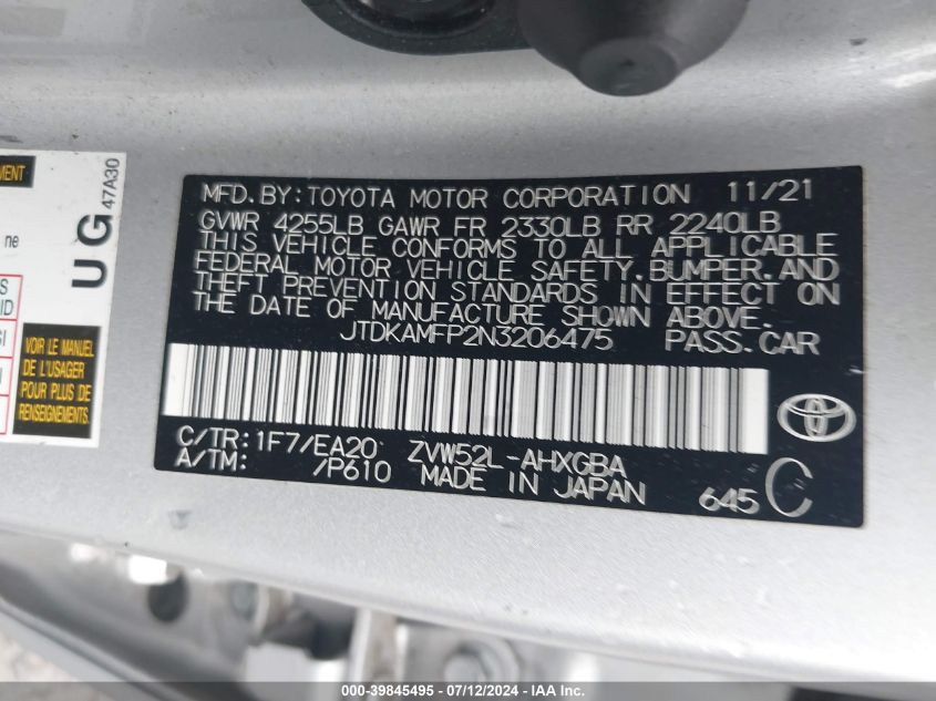 2022 Toyota Prius Prime Xle VIN: JTDKAMFP2N3206475 Lot: 39845495