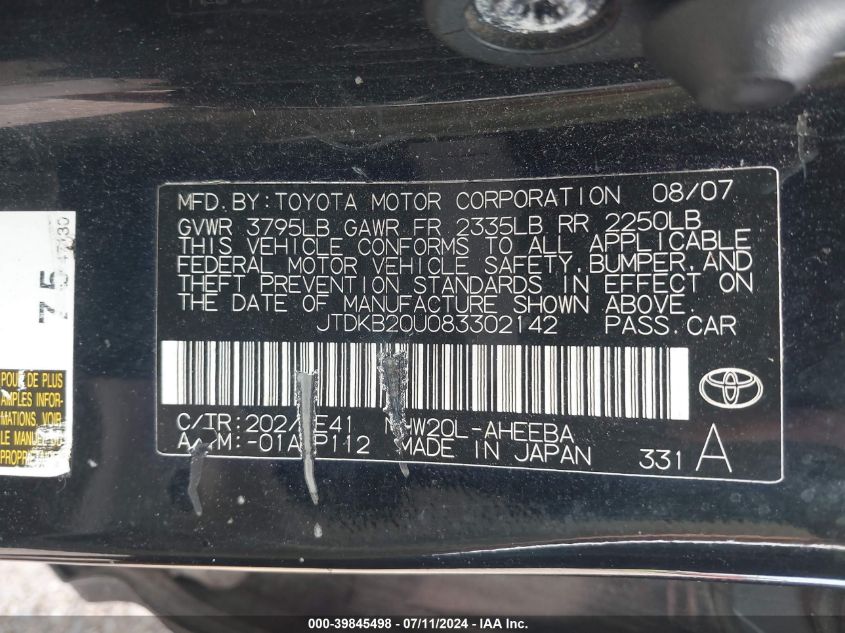 2008 Toyota Prius VIN: JTDKB20U083302142 Lot: 39845498