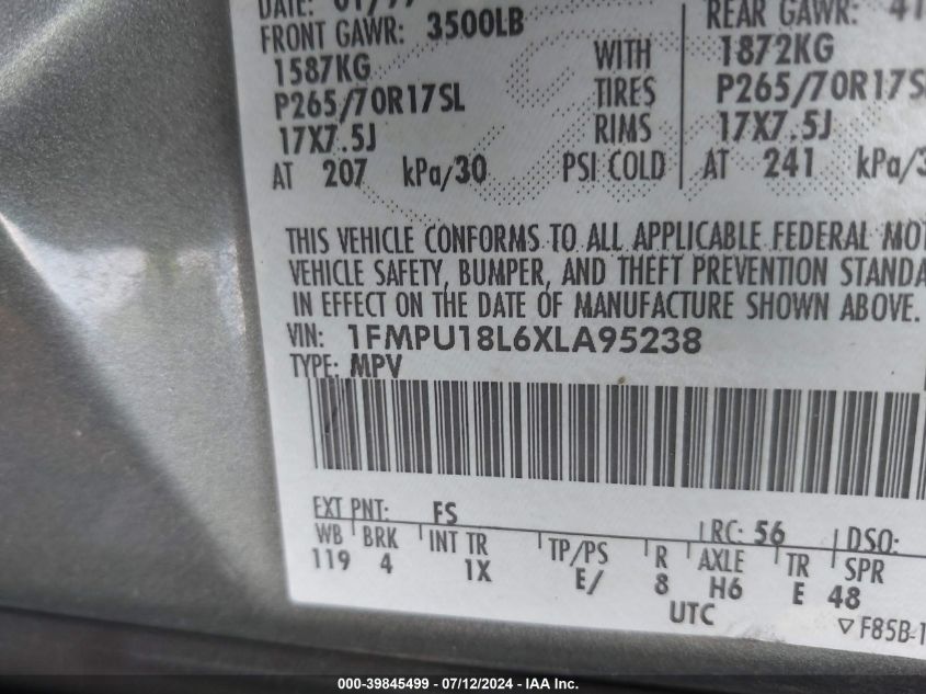 1999 Ford Expedition VIN: 1FMPU18L6XLA95238 Lot: 39845499