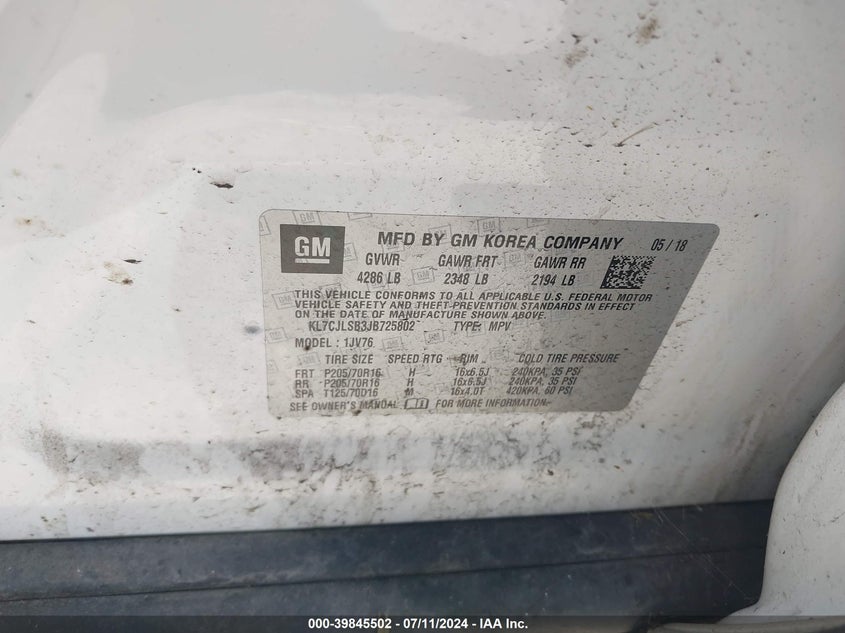 VIN KL7CJLSB3JB725802 2018 CHEVROLET TRAX 1LT