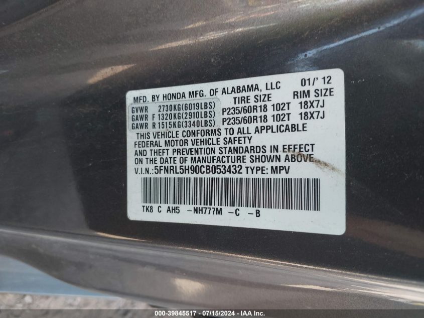 2012 Honda Odyssey Touring/Touring Elite VIN: 5FNRL5H90CB053432 Lot: 39845517