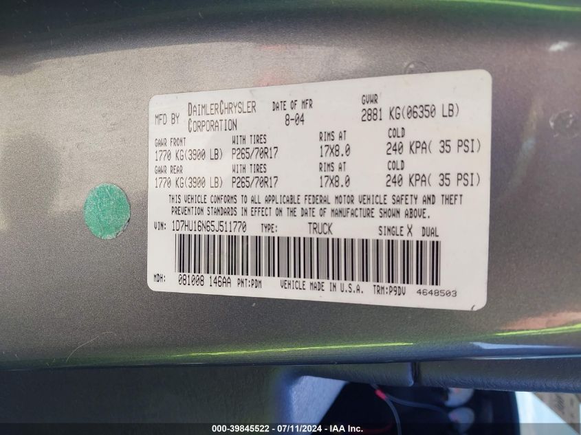 2005 Dodge Ram 1500 St VIN: 1D7HU16N65J511770 Lot: 39845522