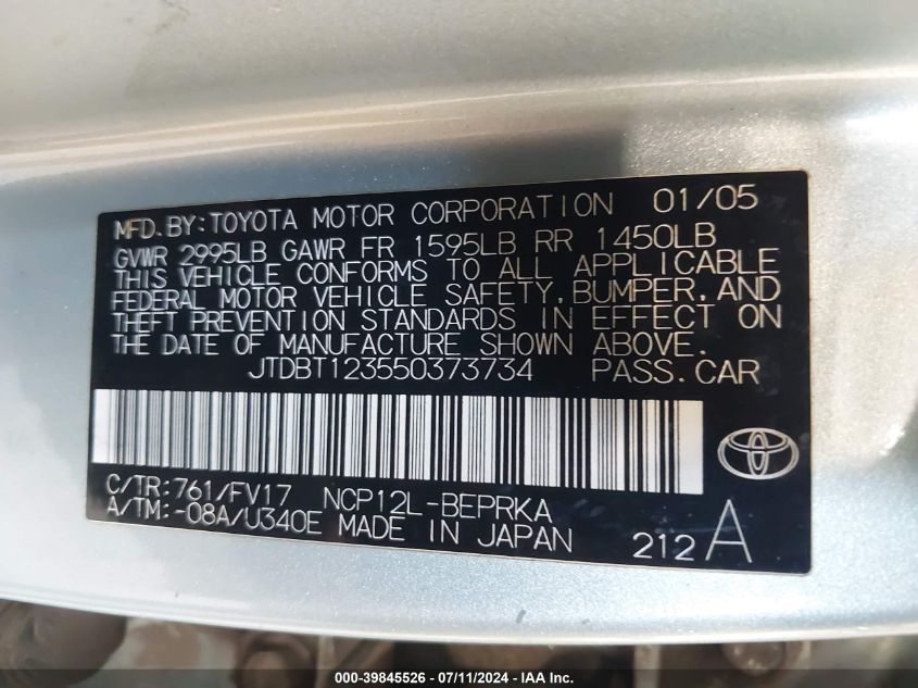 2005 Toyota Echo VIN: JTDBT123550373734 Lot: 39845526