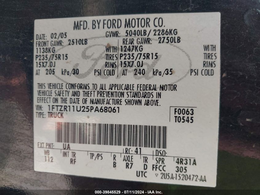 2005 Ford Ranger Edge/Xl/Xlt VIN: 1FTZR11U25PA68061 Lot: 39845529