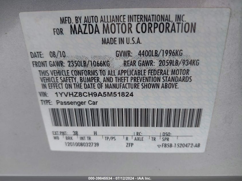 2010 Mazda Mazda6 I Grand Touring VIN: 1YVHZ8CH9A5M51824 Lot: 39845534