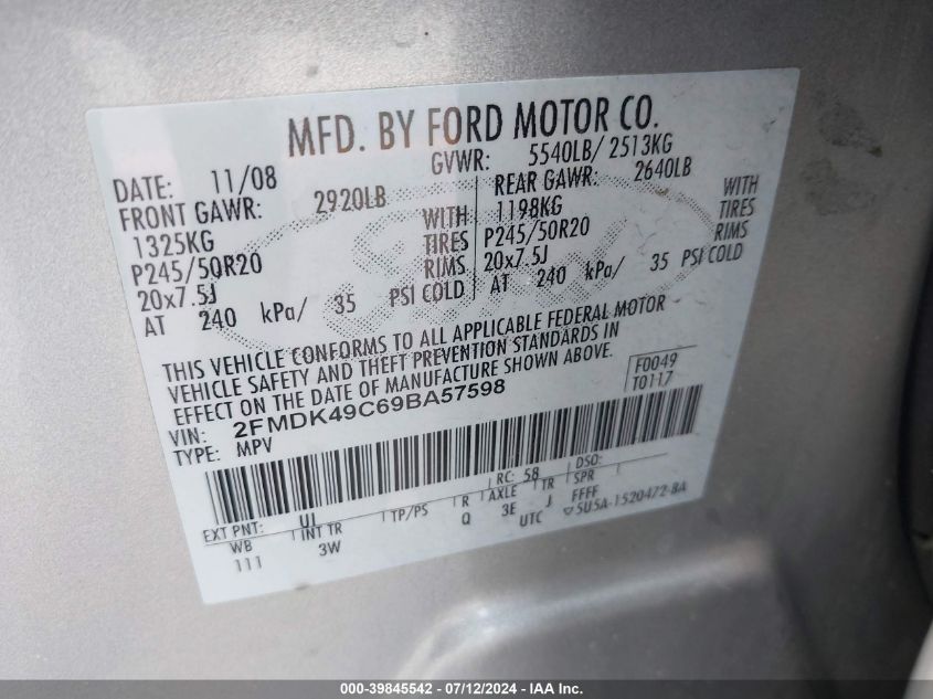 2FMDK49C69BA5759 2009 Ford Edge Limited