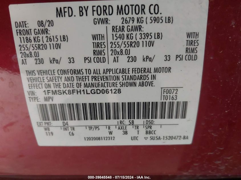 2020 Ford Explorer Limited VIN: 1FMSK8FH1LGD06128 Lot: 39845548