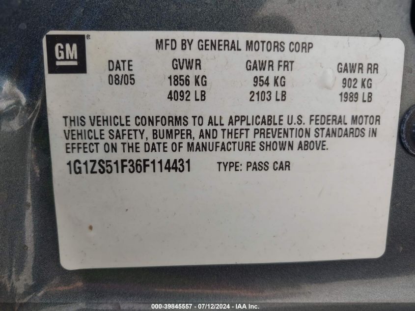 2006 Chevrolet Malibu Ls VIN: 1G1ZS51F36F114431 Lot: 39845557