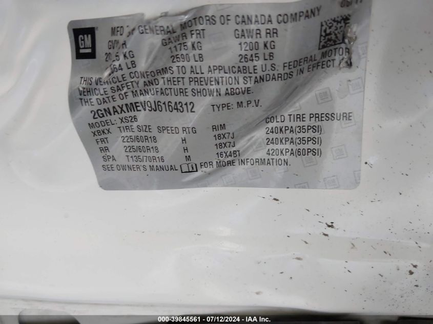 2018 Chevrolet Equinox Premier VIN: 2GNAXMEV9J6164312 Lot: 39845561