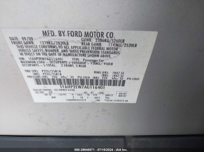 2010 Ford Taurus Sel VIN: 1FAHP2EW7AG116401 Lot: 39845571