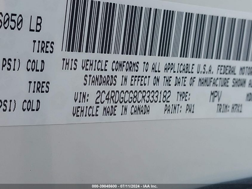 2012 Dodge Grand Caravan Sxt VIN: 2C4RDGCG8CR333182 Lot: 39845600