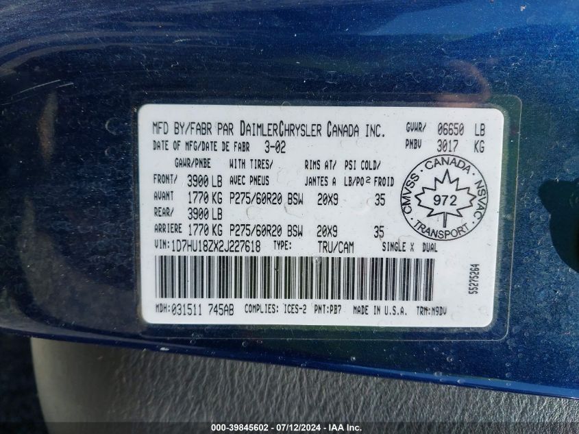 2002 Dodge Ram 1500 St VIN: 1D7HU18ZX2J227618 Lot: 39845602