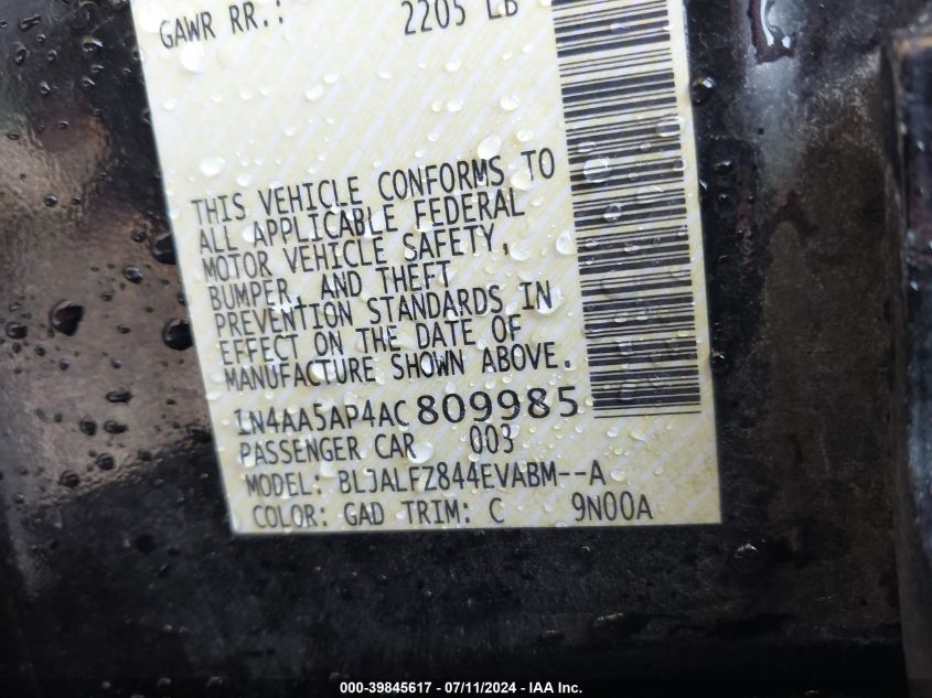 2010 Nissan Maxima 3.5 Sv VIN: 1N4AA5AP4AC809985 Lot: 39845617