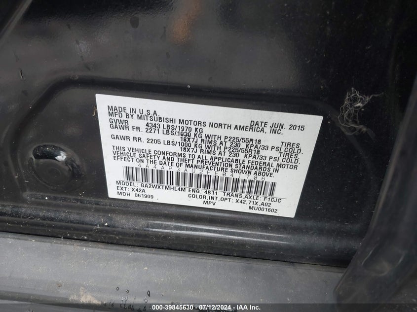 2015 Mitsubishi Outlander Sport Es VIN: 4A4AP3AU2FE041706 Lot: 39845630