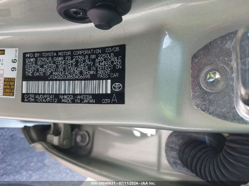 2008 Toyota Prius Touring VIN: JTDKB20U883406698 Lot: 39845631