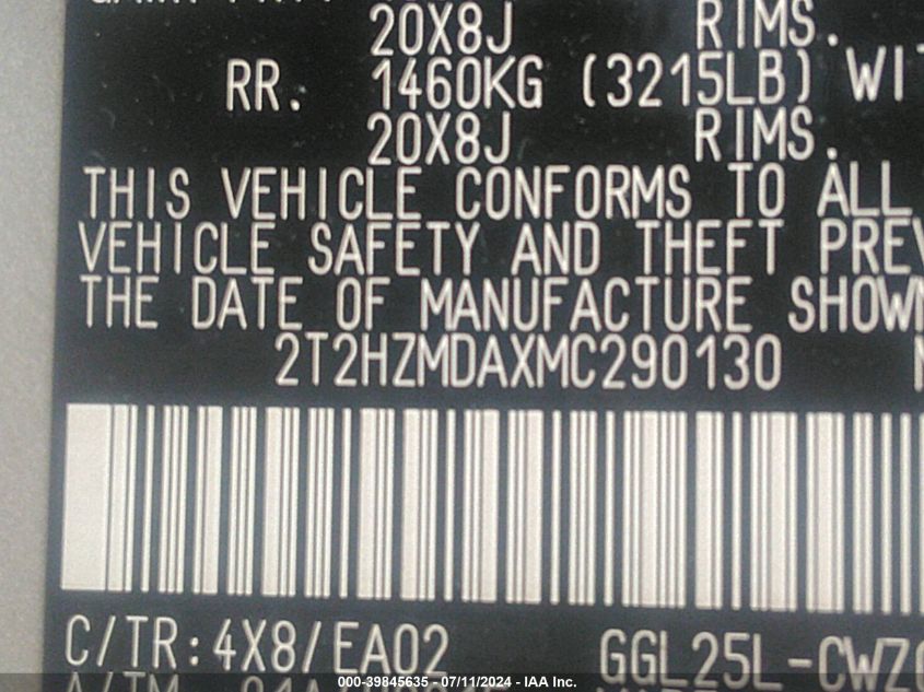 2021 Lexus Rx 350 VIN: 2T2HZMDAXMC290130 Lot: 39845635