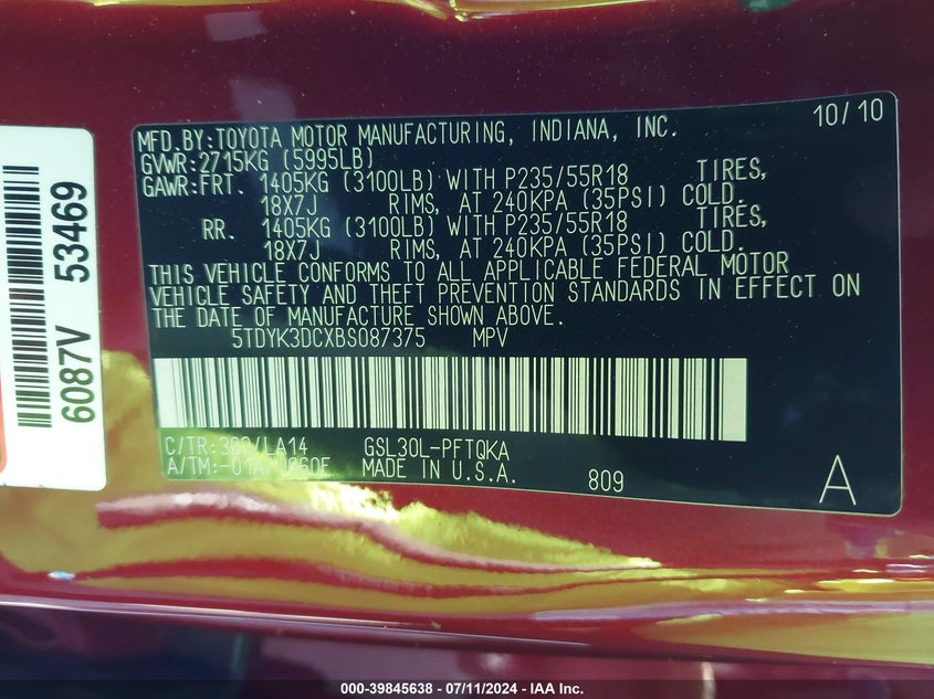 2011 Toyota Sienna Limited V6 VIN: 5TDYK3DCXBS087375 Lot: 39845638