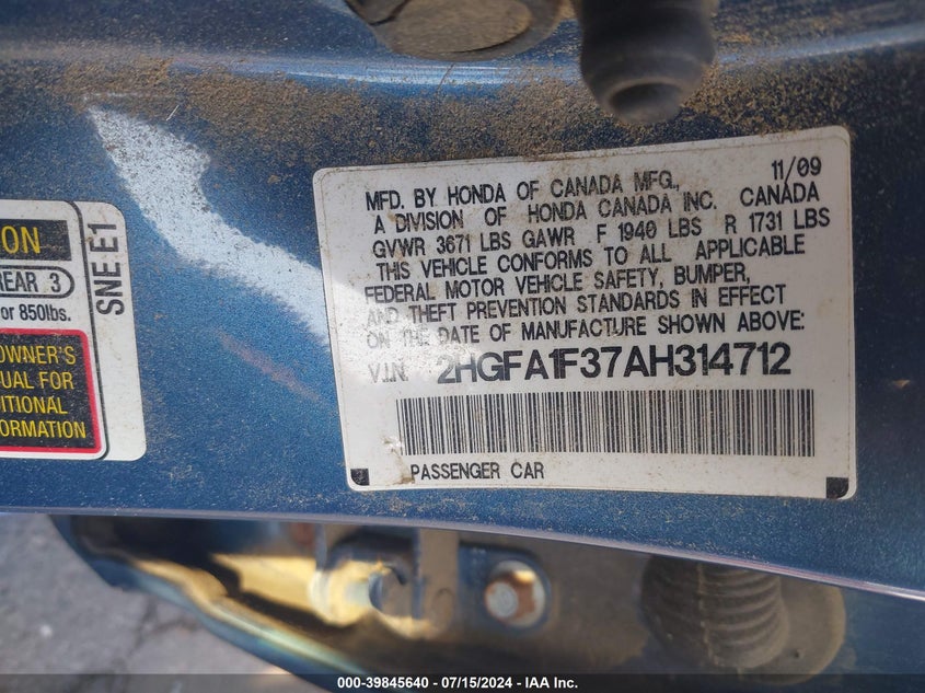 2010 Honda Civic Vp VIN: 2HGFA1F37AH314712 Lot: 39845640