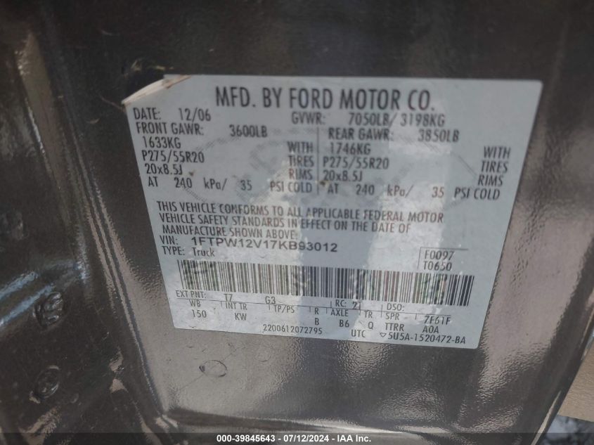 2007 Ford F150 Supercrew VIN: 1FTPW12V17KB93012 Lot: 39845643