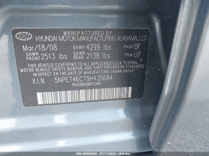 2009 Hyundai Sonata Gls VIN: 5NPET46C79H435684 Lot: 39845650