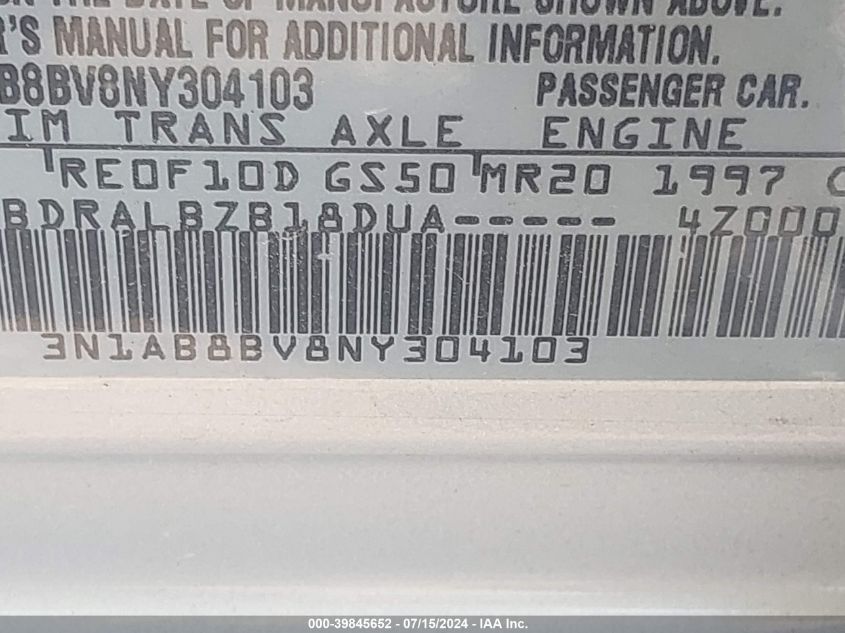 2022 Nissan Sentra S Xtronic Cvt VIN: 3N1AB8BV8NY304103 Lot: 39845652