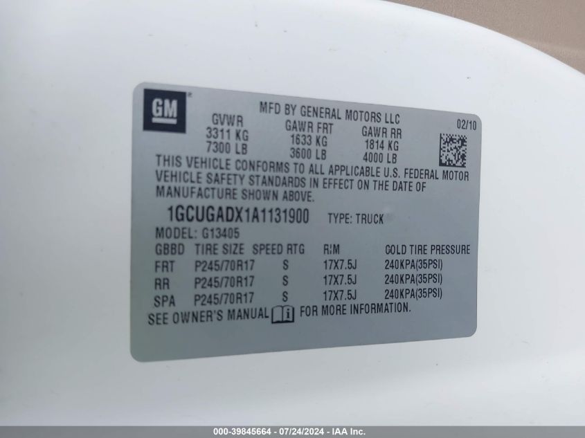 2010 Chevrolet Express 1500 Work Van VIN: 1GCUGADX1A1131900 Lot: 39845664