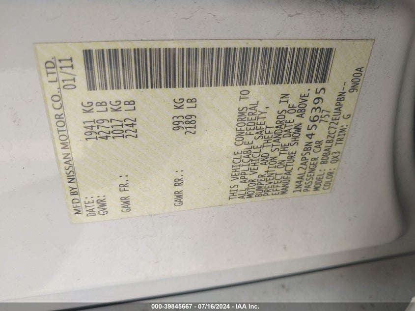 2011 Nissan Altima 2.5 S VIN: 1N4AL2AP5BN456395 Lot: 39845667