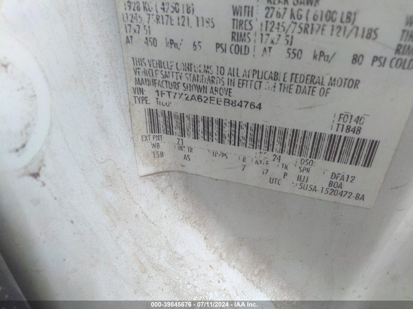 2014 Ford F-250 Xl VIN: 1FT7X2A62EEB84764 Lot: 39845676