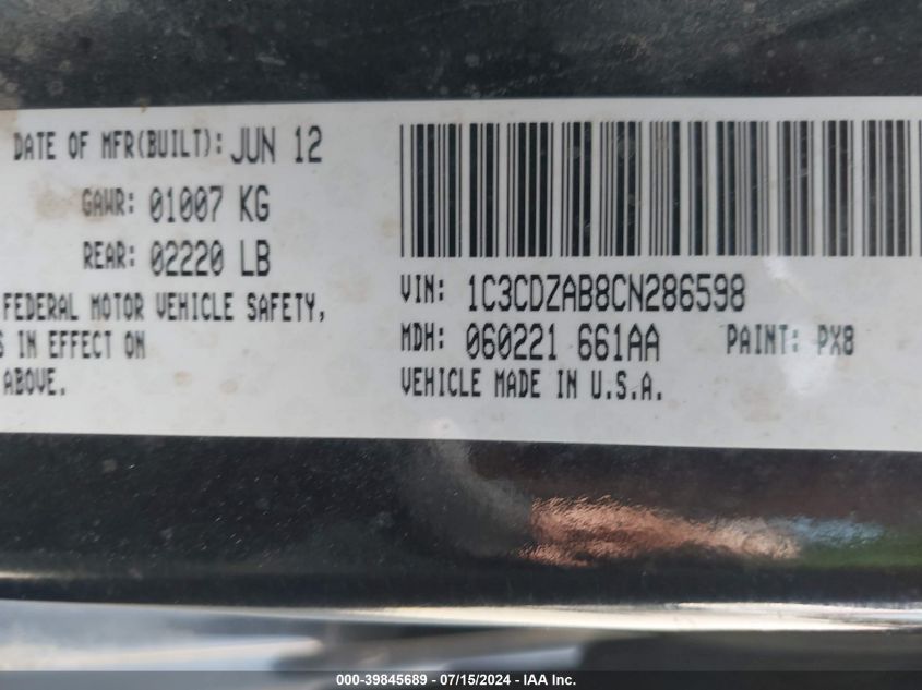 2012 Dodge Avenger Se VIN: 1C3CDZAB8CN286598 Lot: 39845689