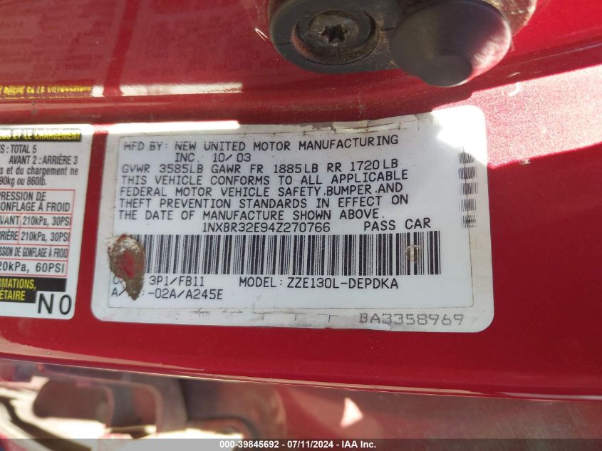 2004 Toyota Corolla Ce VIN: 1NXBR32E94Z270766 Lot: 39845692