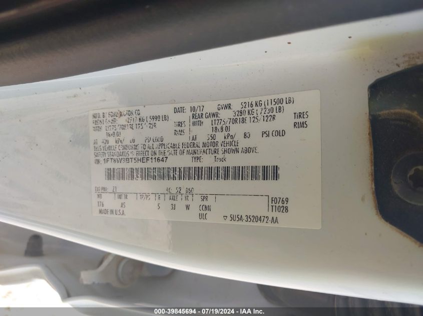 2017 Ford F350 Super Duty VIN: 1FT8W3BT5HEF11647 Lot: 39845694
