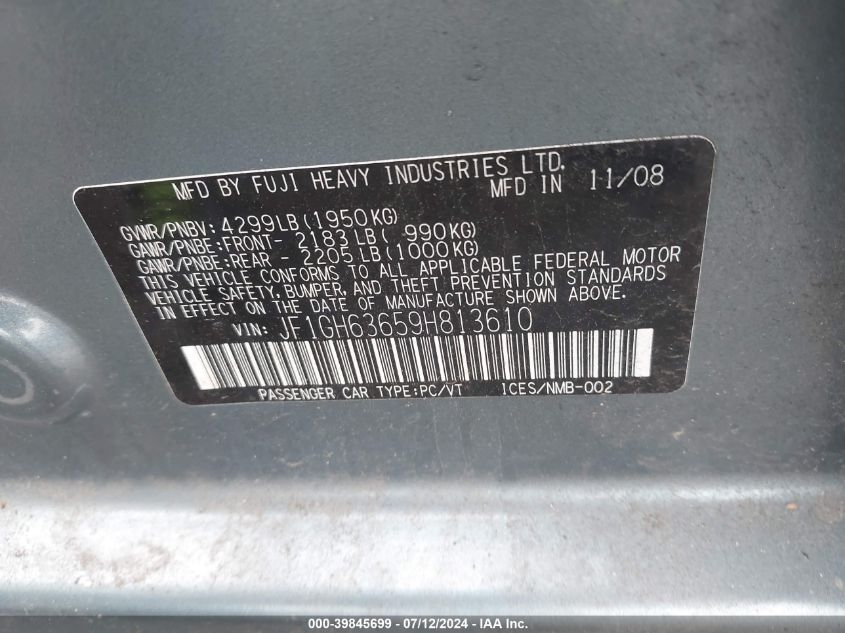 2009 Subaru Impreza Outback Sport VIN: JF1GH63659H813610 Lot: 39845699