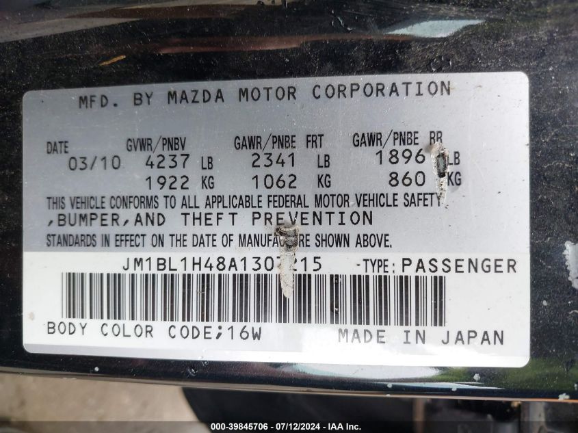 2010 Mazda Mazdaspeed3 Sport VIN: JM1BL1H48A1307215 Lot: 39845706