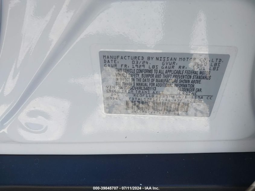 2024 Nissan Kicks Sv Xtronic Cvt VIN: 3N1CP5CV4RL540113 Lot: 39845707