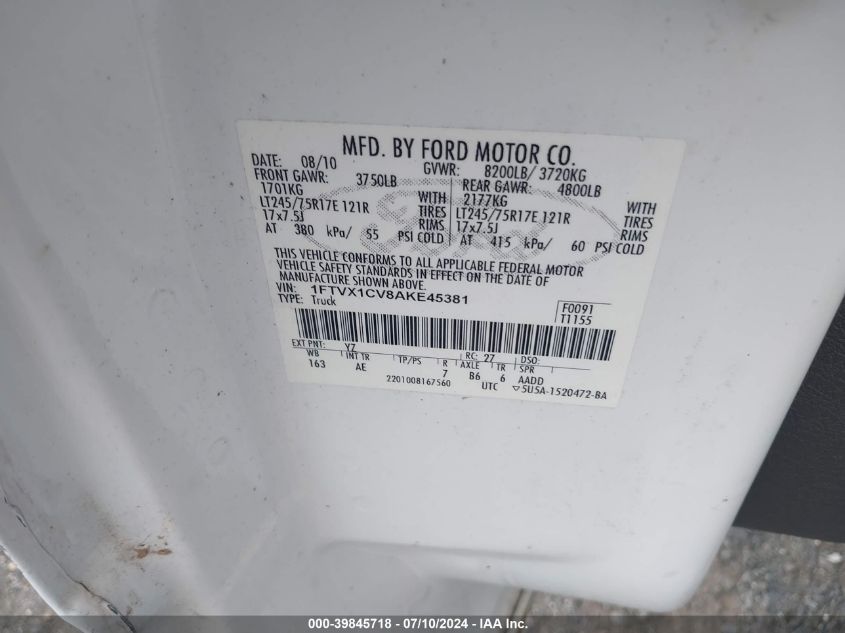 2010 Ford F-150 Xl/Xlt VIN: 1FTVX1CV8AKE45381 Lot: 39845718