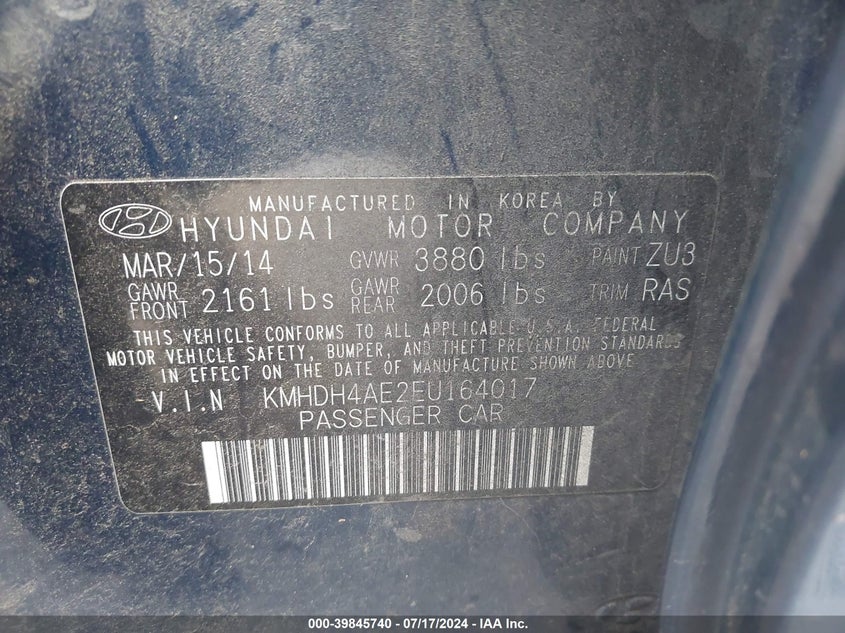 2014 Hyundai Elantra Se VIN: KMHDH4AE2EU164017 Lot: 39845740