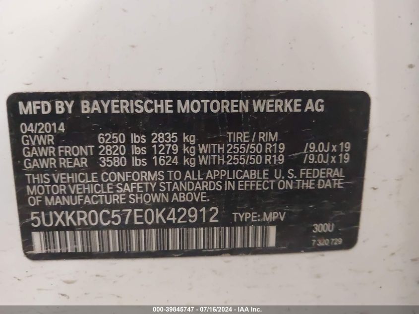 2014 BMW X5 xDrive35I VIN: 5UXKR0C57E0K42912 Lot: 39845747