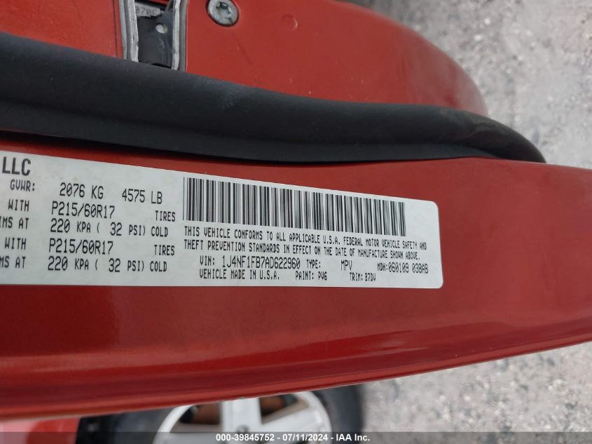 2010 Jeep Compass Sport VIN: 1J4NF1FB7AD622960 Lot: 39845752