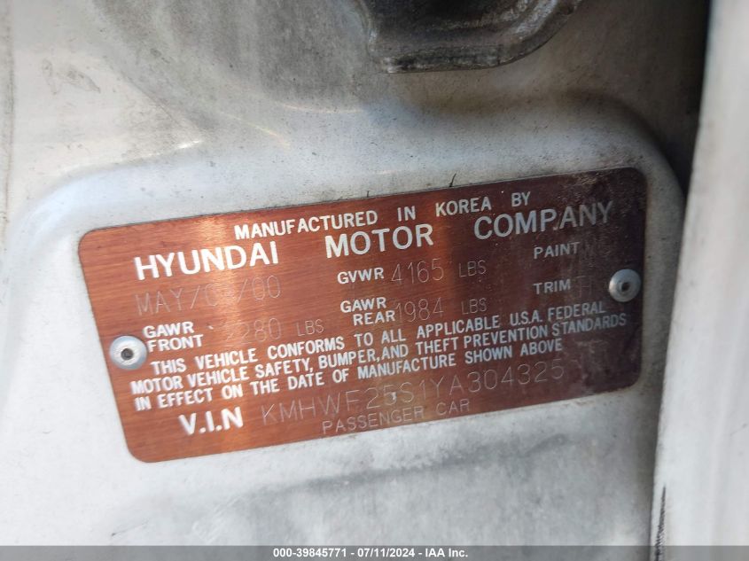2000 Hyundai Sonata VIN: KMHWF25S1YA304325 Lot: 39845771