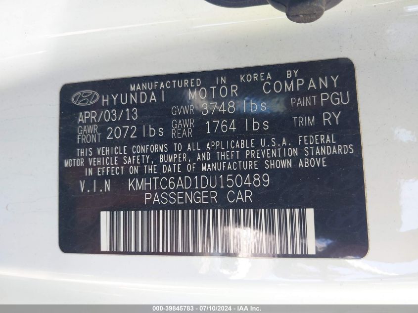 2013 Hyundai Veloster Base W/Gray VIN: KMHTC6AD1DU150489 Lot: 39845783